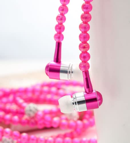 Jewelry Pearl Necklace Stereo Earphones with Microphone 3.5mm in-Ear Headphone Wired Headset Earbuds for Phone Girls (Pink)