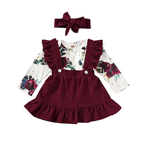 Jumpsuit for Kids, Toddler Baby Girls Long Sleeve Floral Romper Bodysuit+Suspender Skirts Outfits