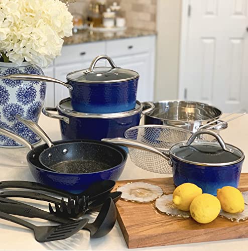Kitchen Academy Induction Cookware Sets - Hammered Granite Cooking Pots and Pans Set Nonstick