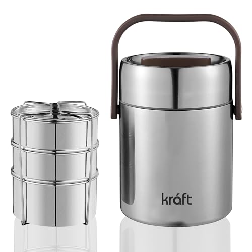 Kraft Perma Therm Vacuum Insulated Double Wall Stainless Steel Lunch Box - 3 Tier (1.6 Litre) | Hot upto 8 Hours | Easy to carry Tiffin Box | BPA Free Silicone Lid | 2 Year warranty