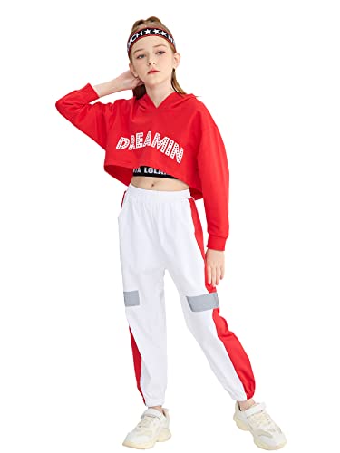LOLANTA Girls Dance Costume Hip Hop Jazz Street Dance Outfits, Kids Cropped Hoodie+Tank Top+Jogger Pants Set Red