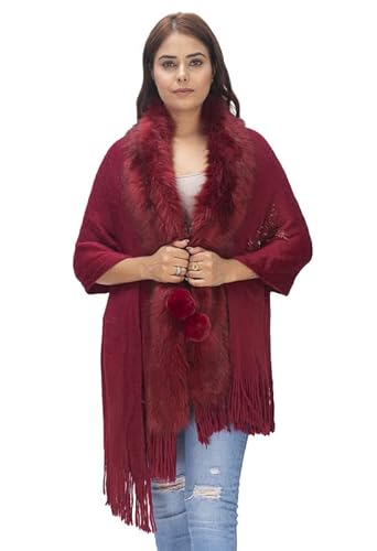 MANRA Women Girls Faux Fur Winter Warm Wrap Stole for Casual Wear Shawl (SC 30 Neck Fur-Maroon)