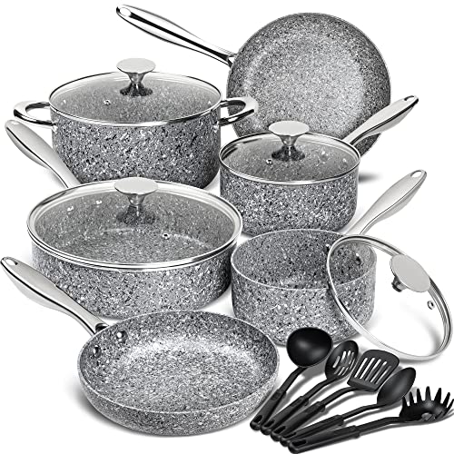MICHELANGELO Pots and Pans Set 15 Piece, Ultra Nonstick Kitchen Cookware Sets with Stone-Derived Coating, Stone Pots and Pans Set, Stone Cookware Set with Untinsle Set