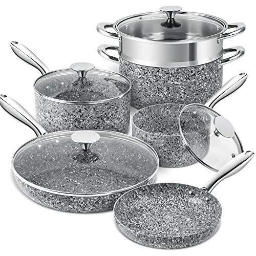 MICHELANGELO Stone Cookware Set 10 Piece, Ultra Nonstick Pots and Pans Set with Stone-Derived Coating, Stone Cookware Set Nonstick, Stone Pots and Pans Set - 10 Piece