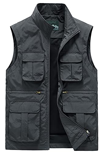 Men's Work Sleeveless Jacket Hiking Fishing Vest Lightweight Breathable Safari Vest Photo Sleeveless Jacket Golf Summer Vest with Pockets for Outdoor Activities Grey
