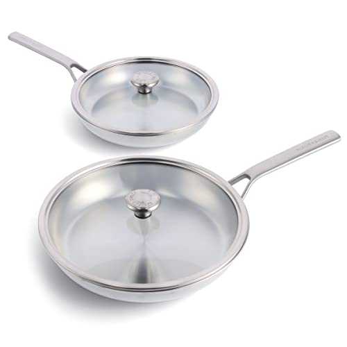 Merten & Storck Tri-Ply Stainless Steel Induction 10" and 12" Frying Pan Skillet Set with Lids, Multi Clad, Oven Safe, Silver