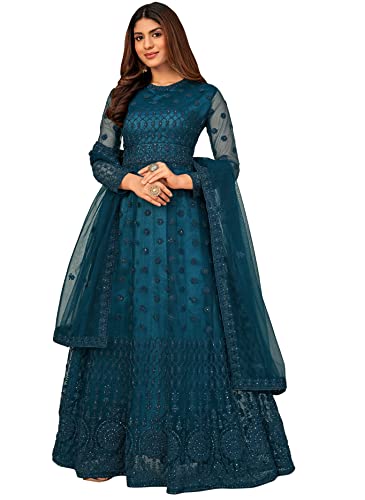 Mizzific Women's Anarkali floor length Net Embroidered Semi Stiched long gown with dupatta | Traditional ethnic wear for girls & ladies| long dress | free size(Rama)