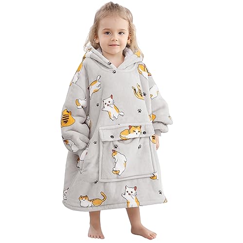 Naretce Kids Blanket Hoodie for Girls,Premium Sherpa Oversized Hoodie Blanket for Kids,Cozy Toddler Wearable Blanket Hoodie Sweatshirt Best Top Birthday Gifts for Teen Year Old Boy Gift Ideas cat