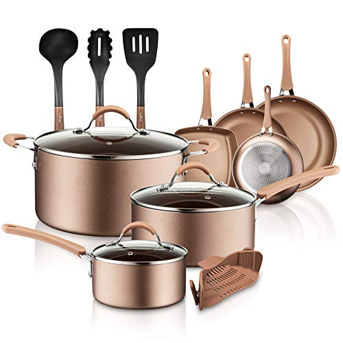 NutriChef Kitchenware Pots & Pans High Qualified Basic Kitchen Cookware, Non-Stick (14-Piece Set), Asorted, Golden