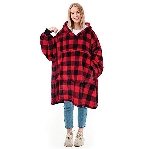 Oversized Blanket Sweatshirt, Super Soft Warm Cozy Wearable Sherpa Hoodie for Adults & Children, Reversible, Hood & Large Pocket, One Size, Red Plaid