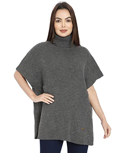 POMME Poncho Sweater Acrylic Knitted for Women and Girls Winter Wear in Light Grey Melange, Free Size