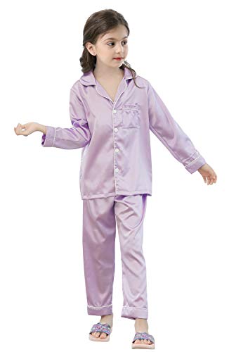 Pajamas Kid Unisex Pjs Set Girls Boys Silk Pajamas Set Satin Long Sleeve 2 Piece Clasic Sleepwear for 2-12 Years Todder Light Purple