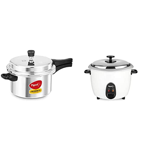 Pigeon By Stovekraft Favourite Induction Base Aluminium Pressure Cooker with Outer Lid, 5 Litres, Silver and Stovekraft Joy Rice Cooker with Single Pot, 1.8 litres (White)