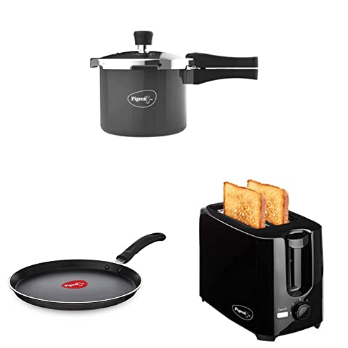 Pigeon Hard Anodised Pressure Cooker Outer Lid with Induction Base 3ltr&Pigeon by Stovekraft Special Non-Stick Flat Tawa (27cm)&Pigeon 2 Slice Auto Pop up Toaster (750W)