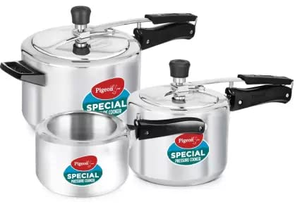 Pigeon by Stovekraft 14364 Aluminum Pressure Cooker Combo of 2 L, 3 L, 5 L Inner Lid with common lid for 2 L & 3 L, separate lid for 5 L , Set of 3