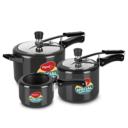 Pigeon by Stovekraft 2+3+5 Litre Combo Special Hard Anodised Inner Lid Induction Base Pressure Cooker (Black) BIS Certified,Common lid for 2+3L