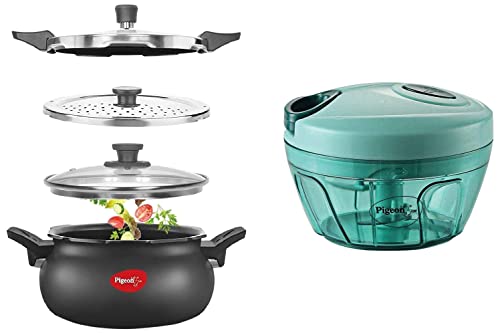 Pigeon by Stovekraft All in One Ceramic Super Outer Lid Cooker, 5 Liters, Black/Transparent - Aluminium & Stainless Steel & Polypropylene Mini Handy and Compact Chopper with 3 Blades(Green, 400 ml)