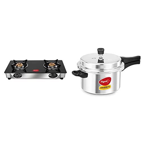 Pigeon by Stovekraft Favourite Induction Base Aluminum Pressure Cooker with Outer Lid, 5 litres, Silver & Favourite 2-Burner Glass Top Gas Stove, Black Combo