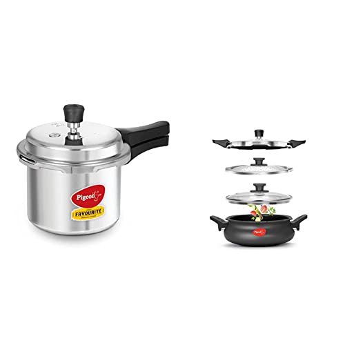 Pigeon by Stovekraft Favourite Outer Lid Non Induction Aluminium Pressure Cooker, 3 Litres, Silver & Pigeon by Stovekraft All in One Super Cooker 620-H 3 Litre Hard Anodised Pressure Cooker (Black)