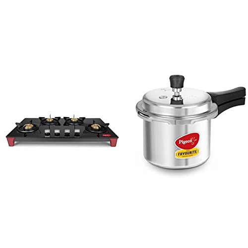 Pigeon by Stovekraft Infinity 4 Burner Lpg Stove & Favourite Induction Base Aluminium Pressure Cooker with Outer Lid, 3 litres (Silver) Combo