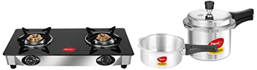 Pigeon by Stovekraft Mini Combi Aluminium Pressure Cooker Set, 2 and 3 Litres with common lid (12610) & Favourite Glass Top 2 Burner Gas Stove, Manual Ignition (Black)
