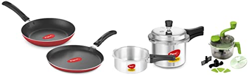 Pigeon by Stovekraft Mini Combi Pressure Outer Lid Cooker Set, 2 and 3ltrs &Pigeon Nonstick Duo Pack Flat Tawa 250 and Fry Pan 200 Gift Set&Pigeon Tornado Turbo Manual Chopper Bowl 1.5ltr large