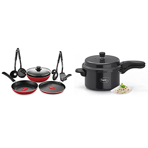 Pigeon by Stovekraft Mio Aluminium Gift Set, Red (8 Pieces) and Titanium Hard Anodized Pressure Cooker - 5 litres - Black