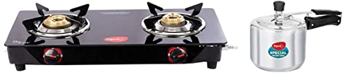 Pigeon by Stovekraft Non Induction Base Aluminium Inner Lid Pressure Cooker, 14459 (3 L, Silver) & Stainless Steel Aster 2 Burner Glass Cook Top (Black)
