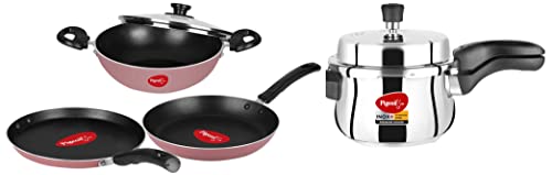 Pigeon by Stovekraft Stainless Steel Pressure Cooker 3 Litre Outer Lid with Induction base, medium & Basics Non stick Aluminium Non Induction Base Cookware set