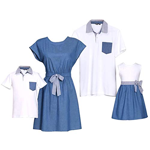 PopReal Short Sleeve Cotton T-Shirt and Bowknot Dress Family Matching Outfits,Mom-Denim,Small