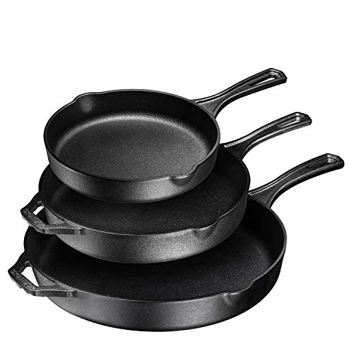 Pre-Seasoned Cast Iron 3 Piece Skillet Bundle. 12ââ‚¬Â + 10ââ‚¬Â + 8ââ‚¬Â Set of 3 Cast Iron Frying Pans Heavy Duty Professional Chef Tools Indoor & Outdoor Use Grill, StoveTop, Black