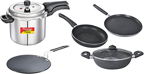 Prestige 3.5 Litre Outer Lid Pressure Cooker&Prestige Aluminium Plus Cookware Roti Tawa, 22.5cm, Black&Prestige Omega Deluxe Granite Aluminium Kitchen Sets with 1 Glass Lid (Black) - 3 Pieces