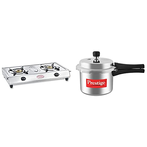 Prestige Agni Classic Stainless Steel 2 Burner Gas Stove, Metallic Silver & Popular Aluminium Pressure Cooker, 3 litres, Silver Combo