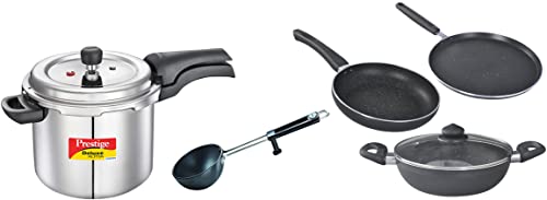 Prestige Alpha 3.5 Litre Stainless Steel Outer Lid Pressure Cooker&Prestige Omega Deluxe Granite Aluminium Kitchen Sets with 1 Glass Lid (Black) - 3 Pieces&Prestige Aluminium Tadka Pan, 10 cm, Black