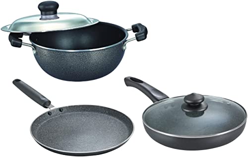 Prestige Aluminium Omega Deluxe Granite Fry Pan with Lid, 26 cm&Prestige Omega Deluxe Granite Dosa Tawa, 28 cm&Prestige Aluminium Omega Select Plus Non-Stick Flat Base Kadhai with Lid, 20cm
