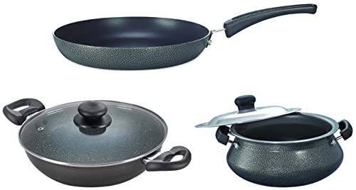 Prestige Aluminium Omega Deluxe Granite Kadhai, 26cm, Black&Prestige Omega Select Plus Nonstick Junior Handi with Lid (Black, 20cm) Fry Pan, 20cm, Black (Small Size)-(Non Induction)