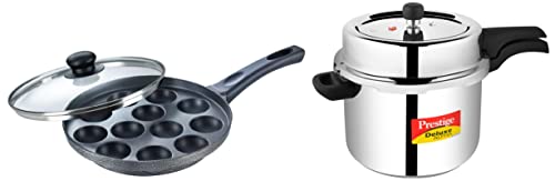 Prestige Aluminium Omega Select Plus Non Stick Paniyarakkal with Lid (Black)- Gas Top Compatible Only, Black, Standard & Svachh Deluxe Alpha 8 Litre Stainless Steel Pressure Cooker