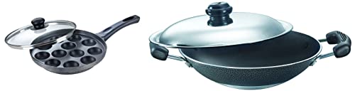Prestige Aluminium Omega Select Plus Paniyarakkal (240 Mm, Black), Black & Omega Granite Aluminium Kitchen Set, 4-Pieces, Black & Deep Appachetty, 20cm,Black and Stainless Steel