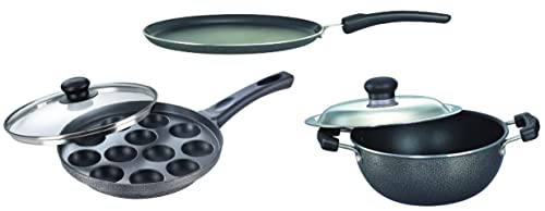 Prestige Aluminium Paniyarakkal with Lid (24 cm, Black), Black&Prestige Aluminium Omega Select Plus Kadhai with Lid, 20cm, 2.2 Liters, Black&Prestige Omega Aluminium Plus Omni Tawa, 30 cm, Black