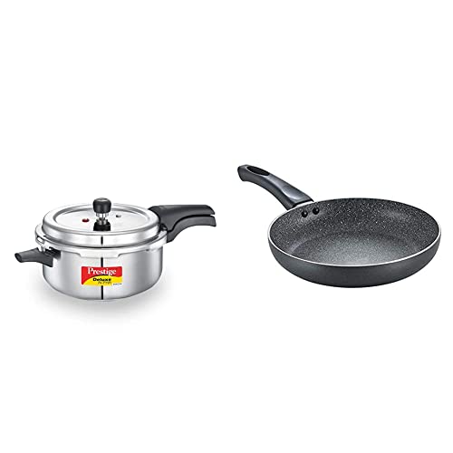 Prestige Aluminium Svachh, 20255, 5 L, Deep Pressure Pan, With Deep Lid For Spillage Control + Prestige Omega Deluxe Granite Fry Pan, 240Mm, Black (36305)