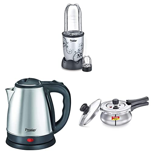 Prestige Express PEX 3.0 Mixer Grinder with Jars, 500 ml & 300 ml, Silver)&Prestige Electric Kettle PKOSS - 1500watts, Steel (1.5Ltr), Black&Prestige Outer Lid Pressure Cooker 1.5L with Glass Lid
