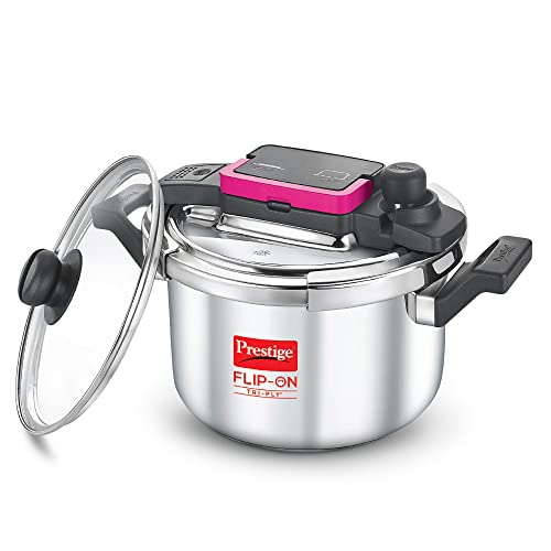 Prestige FLIP-ON TRI-PLY Stainless Steel Pressure Cooker with Glass Lid 22cm(5L, Silver and Black, Innovative Lock Lid with Spillage Control)