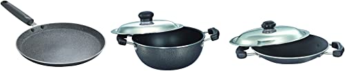 Prestige Flat Base Kadhai with Lid, 20cm, 2.2 Liters, Black&Prestige Omega Deluxe Granite Dosa Tawa, 28 cm, Black&Prestige Omega Select Plus Aluminium Residue with Lid, 20 cm, Black