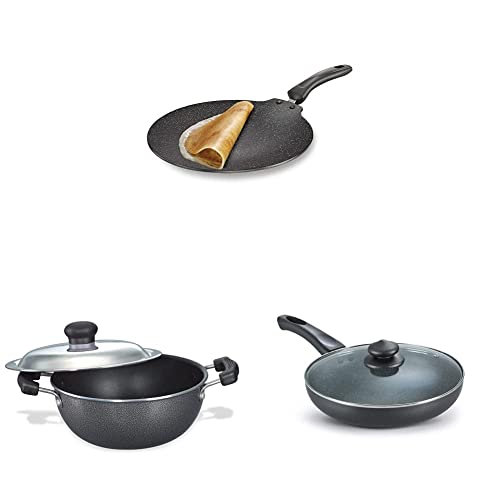 Prestige Flat Dosa Tawa, (Black, 30 cm) Aluminium Omega Select Plus Flat Base Kadhai with Lid, 20cm, 2.2 Liters, Black&Prestige Aluminium Omega Deluxe Granite Fry Pan with Lid, 26 cm,Black