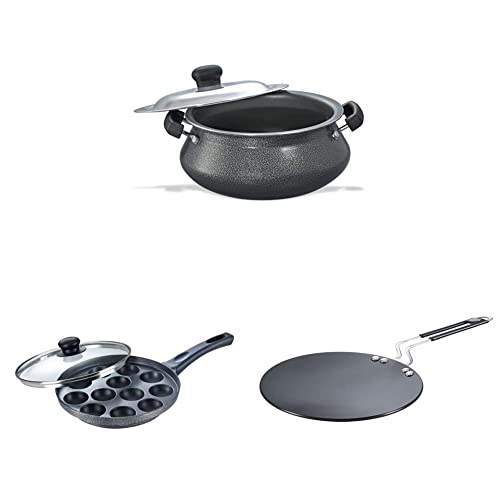Prestige Handi with Lid (Black, 20cm) Aluminium Omega Select Plus Non Stick Paniyarakkal with Lid (24 cm, Black), Black&Prestige Cookware Induction Base Paratha Tawa, 26.5 cm, Black