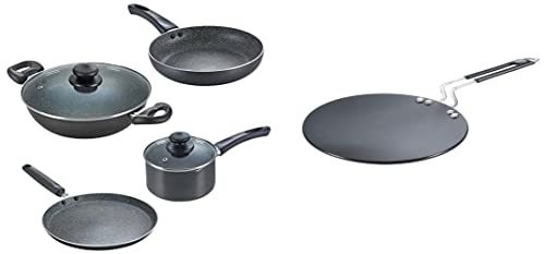 Prestige Hard Anodised Aluminium Plus Cookware Induction Base Roti Tawa, 225mm, Black & Omega Granite Aluminium Kitchen Set, 4-Pieces, Black