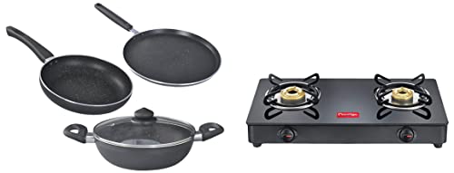 Prestige IRIS LPG Gas Stove, 2 Burner, Powder coater Mild Steel with Glass Top, Manual & Prestige Omega Deluxe Granite Aluminium Kitchen Sets with 1 Glass Lid 3 Pieces