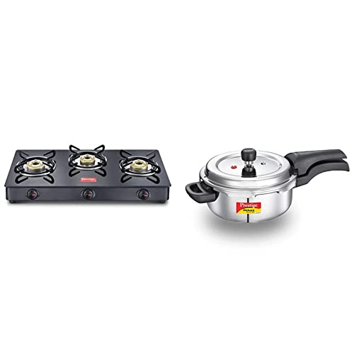 Prestige IRIS LPG Gas Stove, 3 Burner, Black + Prestige Svachh Deluxe Alpha 3.0 Litre Stainless Steel Pressure Cooker
