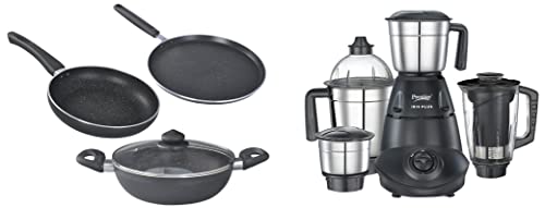Prestige Iris Plus Mixer Grinder & Aluminium Omega Deluxe Granite Finish With 1 Glass Lid (Black) - 3 Pieces, Standard (36316), 750 Watts