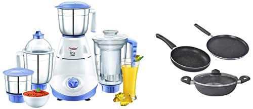 Prestige Iris(750 Watt) Mixer Grinder with 3 Stainless Steel Jar + 1 Juicer Jar, White and Blue & Omega Deluxe Granite 3 Pcs with 1 Glass Lid Combo
